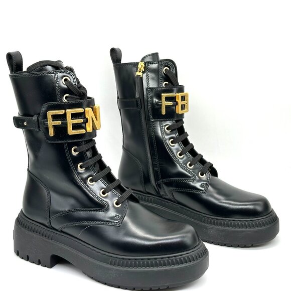 FENDI Fendigraphy Graphy Signature Logo Cuff Leather Biker Combat Boots - Picture 14 of 16